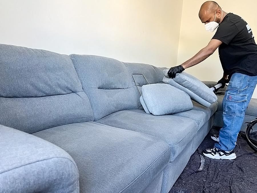 Una persona con maschera, guanti e jeans solleva un cuscino da un divano grigio, sembrando eseguire Pulizia Appartamenti o Sanificazione Divani in una stanza ben illuminata.