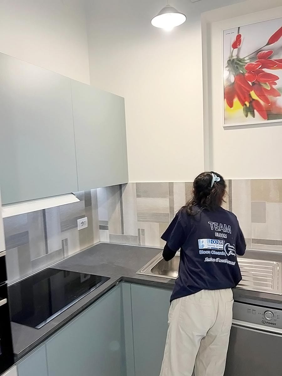 Una persona con i capelli lunghi legati all'indietro, che indossa una maglietta scura e pantaloni chiari, è in piedi davanti al lavello della cucina per lavare i piatti. La cucina moderna presenta maniglie a forma di V, un fornello elettrico e una foto di peperoncino incorniciata sulla parete.